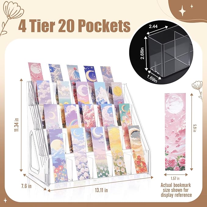 Acrylic Bookmark Display Stand with Divided Pockets, Portable Sticker Holder Tiered Display Stand, Clear Desk Organizer for Home, Retail or Craft Fair Use(20 Pockets, 4 Tier)