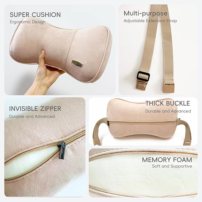 Carwales Car Neck Cushion Recliner Headrest Pillow for Office Chair Couch Memory Foam Lower Back Support Lumbar Pain Relief Ergonomic Design Extension Adjustable Strap Fits Driving Car Tan 1 Pack