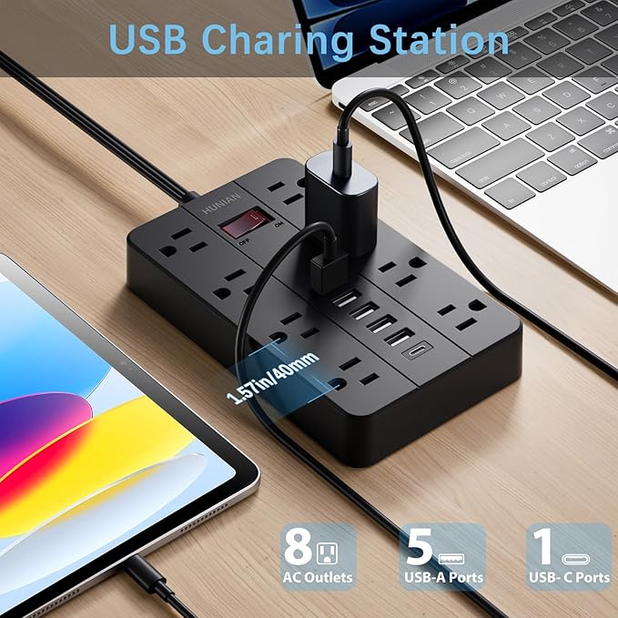 Power Strip with Multiple Outlets, HUNIAN Flat Plug 10 Ft Long Extension Cord with 8 Widely Spaced Outlets 6 USB (1 USB C Port), Wall Mount Charging Station for Home and Office