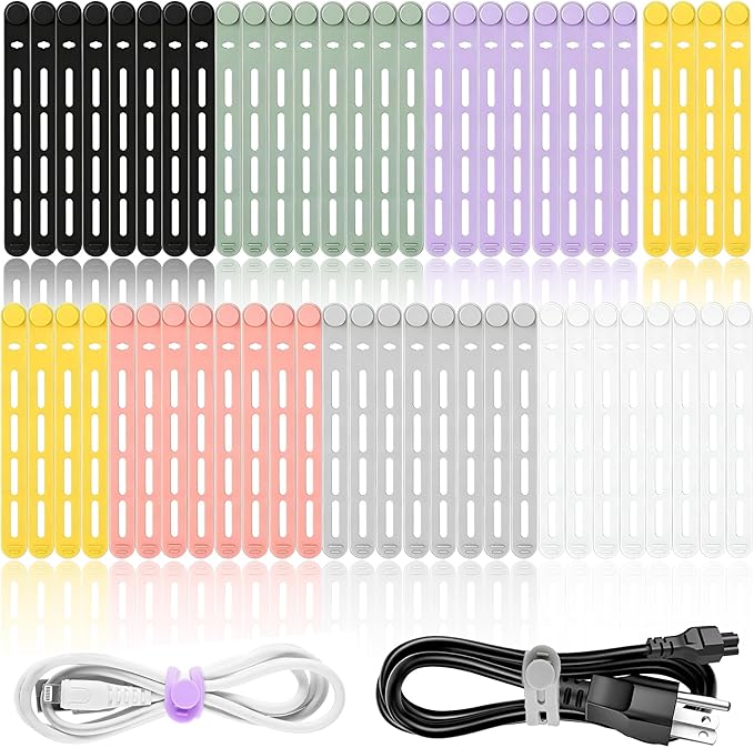 56Pcs Silicone Cable Ties Reusable, Multipurpose Cable Management Organizer, Adjustable Fastening Cable Straps with Locking Buckles, High Elasticity Cord Organizer, Travel Essentials (5.2in, 7Colors)