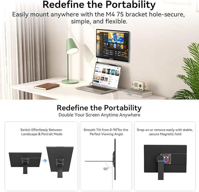 Blackview 16.1" Portable Monitor for Laptop, 1200P FHD Laptop Screen Extender, 360° Rotating Detachable Magnetic Stand, Plug & Play with HDMI/USB-A/Type-C, Extra Monitor for Windows/Mac/Linux/Android
