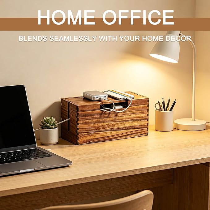 Acacia Wood Cable Management Box - Cord Hider Box for Power Strip, Cable Hider for Desk & Floor TV Wires, Decorative Wire Storage Box for Office, Home Under Desk Cable Storage Box