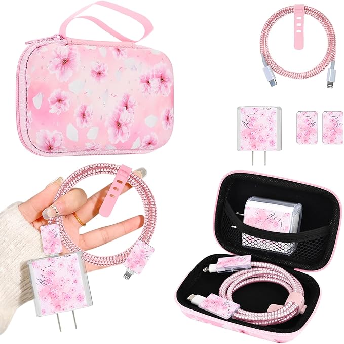 Phone Charger Case Storage Set with Cherry Blossom Cable Protector with Carrying Cable Case Bag,Cord Organizer, USB Earphone Wire Saver Organizer Charger Protector for iPhone (Pink Cherry Blossom)