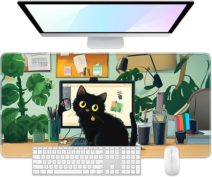 Desk Pad, 32" x 16" XXXL Extended Large Gaming Mouse Pad, Desktop Decor Desk Mat, Men Women Office Supplies and Accessories, Cute Anime Mouse Mat for Laptop & Keyboard, Office Black Cat