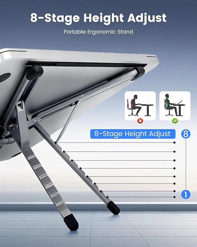 LENTION Magnetic Foldable Laptop Stand, 8-Level Adjustable Aluminum Laptop Riser, N52 MagSafe Phone Tablet Tripod Holder, Portable Ergonomic Desk Stand for 10-16 Inch Laptop Home Office Travel