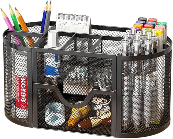 Wire Mesh Desk Organizer, Black Pen Holder and Desk Organizer with Compartments, Desk Drawer Organizers and Accessories for Office School Home Supplies Teacher Students