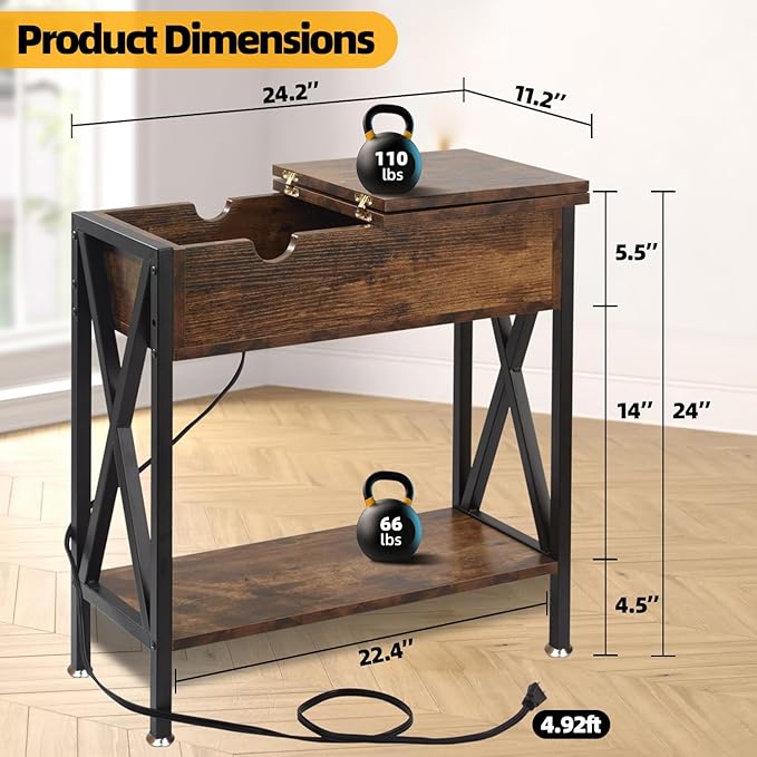 TooCust End Tables Living Room with Charging Station, 12" D x 24" W x 24" H, Flip Top Side Table with USB Ports and Outlets, Couch End Tables, Narrow End Table with 5.5" Deep Drawer