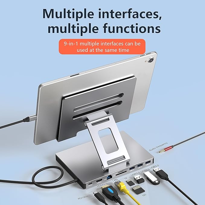 Aluminum Stand with 9-in-1 Type C Dock,100W PD,4K HDMI, Foldable for iPad Pro/Air, All-in-One Docking Station & Adjustable Holder, USB 3.0/Ethernet/SD Reader