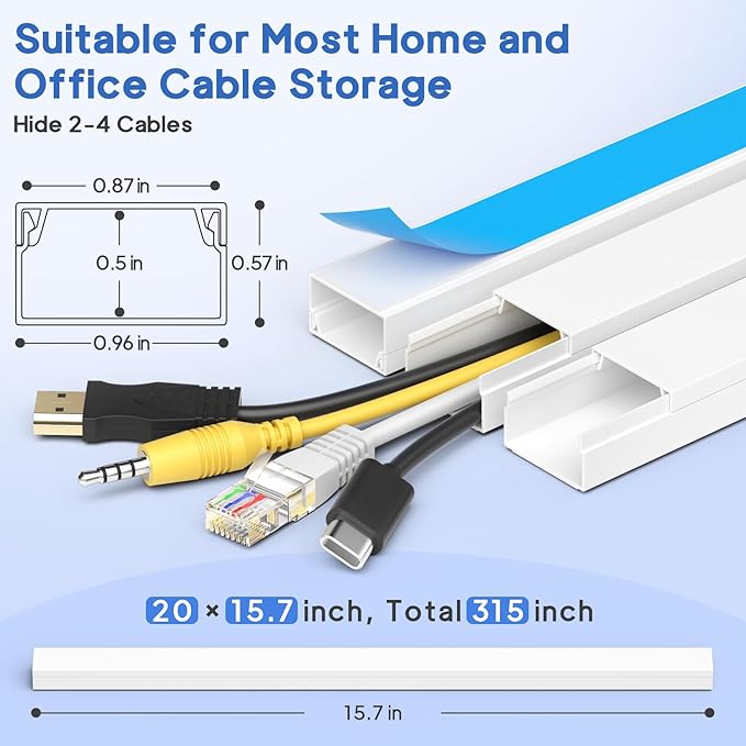 315in Cord Hider Kit, Paintable Cable Raceway, Cord Covers for Wall Mount TV, TV Cable Hider Wall Kit, Wire Management, W 0.96in x H 0.57in, White