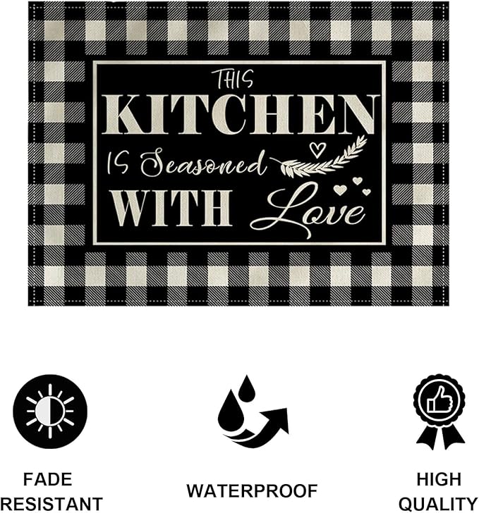 4Pack Farmhouse Decor Placemats Black White Buffalo Plaid Kitchen Inspirational Quotes Decor Table Mats Waterproof Heat Resistant Washable Non-Slip Place Mats for Dinner Kitchen Decor Table 12”×16”
