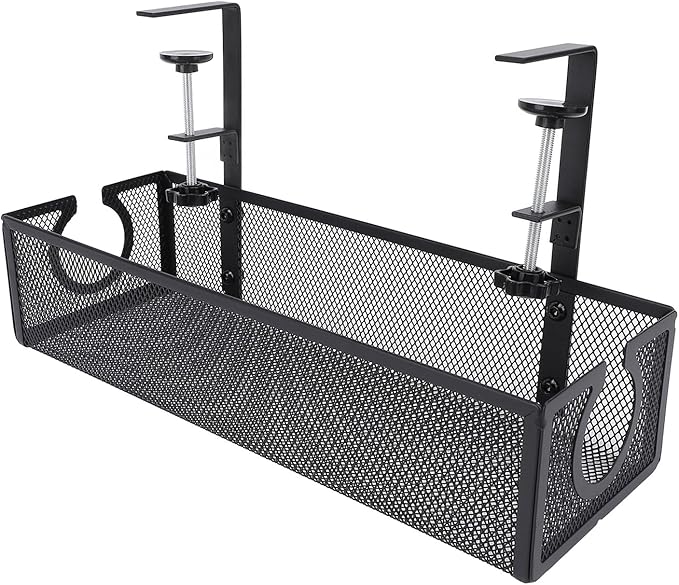 Luqeeg Under Desk Cable Management Tray, No Drill Carbon Steel Cable Organizer with Scratch Pads, Trapezoidal Design, Ideal for Home Office, Standing Desk & Wire Management (Black)