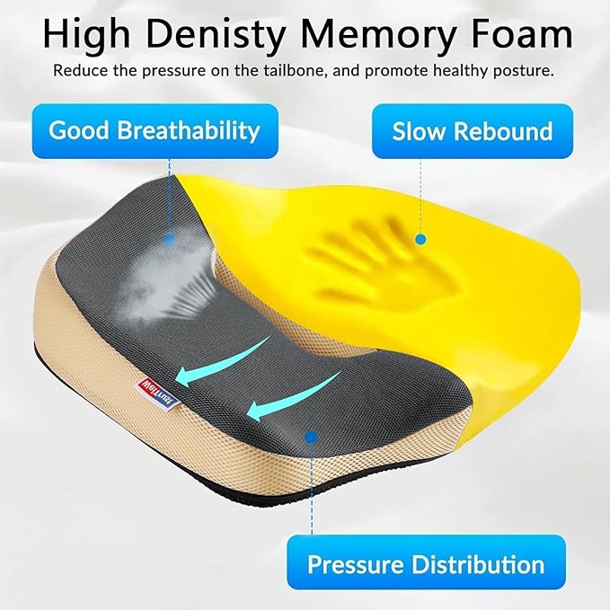 Seat Cushion for Tailbone Pain Relief, Memory Foam Coccyx Cushion for Office Chair & Car, Ergonomic Chair Pad with Non-Slip Cover & Handle, Sciatica Relief for Gaming Chair (Gray)