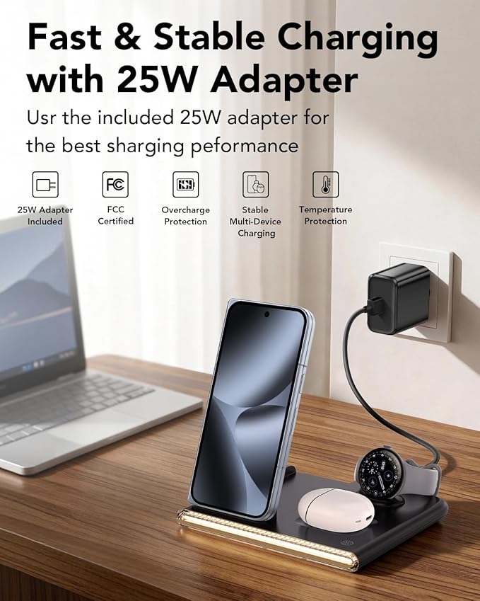 3 in 1 Foldable Charging Station for Google Pixel Watch 4, Wireless Charger for Google Pixel,Fast Wireless Charger Stand, Travel Charger for Pixel 10 Pro/Pro XL/Fold,Buds Pro 2(Only for Watch 4)