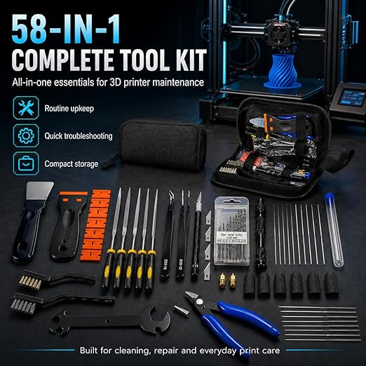 3D Printer Tool Kit Accessories - 58 Pcs Solve 99% Print Failures Clean Maint - with Scraper Brush Pliers Needles Cutter Pouch - for Unclog Nozzle Support Removal Model Finish - for All FDM Printers