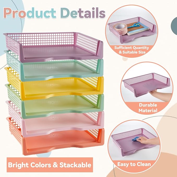gisgfim 12 Pack Plastic Turn in Paper Trays for Classroom Pastel Storage Bin Basket Organizers for School Teacher Supplies Classroom Office Home Organization Storage Tray Holds 4A Paper File Document