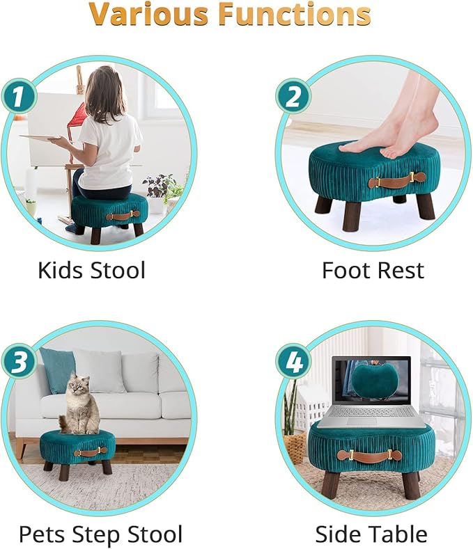LUE BONA Small Curved Foot Stool with Handle, Teal Velvet Footstool and Ottomans, Modern Foot Rest with Wooden Legs, Step Stool with Padded Seat for Couch, Living Room