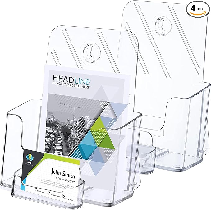 Remerry 4 Set 6.5 Inch Acrylic Brochure Holder with Business Card Pocket, Wide Bifold Clear Brochure Display Stand Flyer Holder for Pamphlet Literature Magazine Booklet, Desk or Wall Mount Display