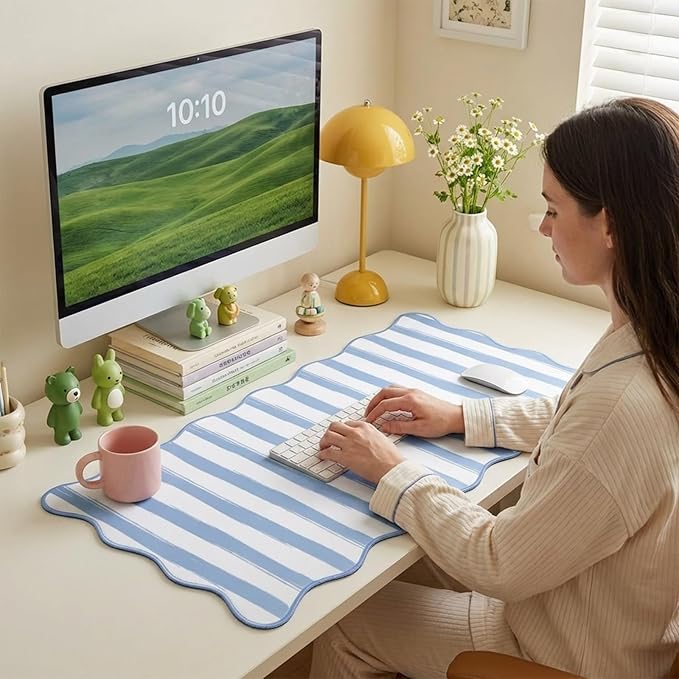 Copkim 1 Pcs Blue Scalloped Striped Desk Mat 31.5 x 11.8 Inch Large Cute Mouse Pad Computer Mat Non Slip Waterproof Rubber Base with Border Stitching Soft Keyboard Pad for Home Office Gaming Makeup