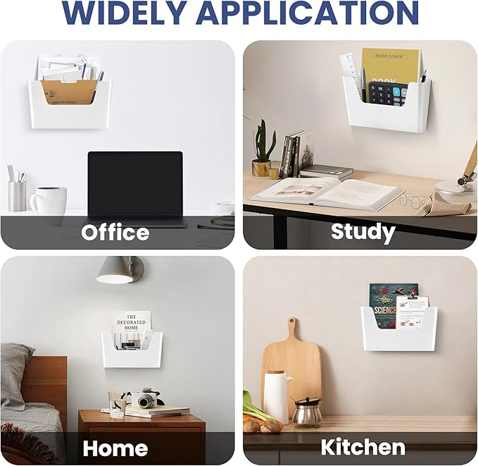 JOMOLA No Drilling File Holder 5 Pack Mail Organizer Wall Mount File Organizer Holder Office Wall Hanging Files Magazines Organizer Plastic Door Mount Wall Pocket with Adhesive Pad, White Color