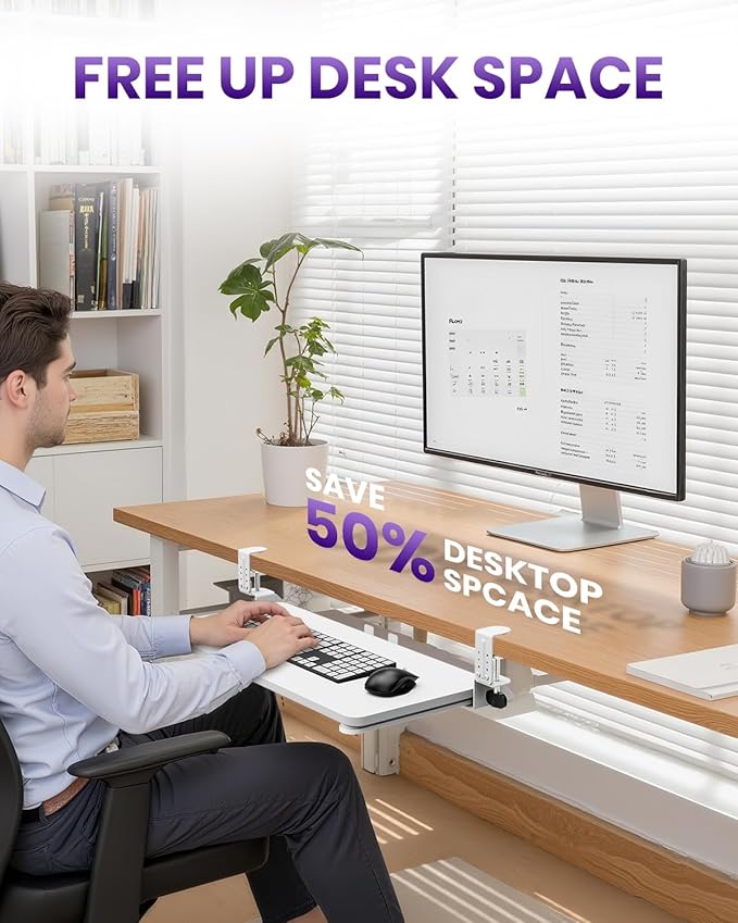 Ergonomic Keyboard Tray Under Desk, Pull Out with Adjustable C-clamp, 25.6 (31.5 Including Clamps) x 11.8 Inch Slide Out Computer Keyboard Drawer Mouse Tray for Typing, Large & White
