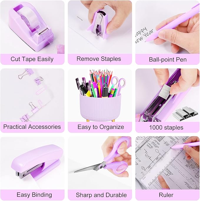 Gawsey Purple Desk Organizers and Accessories Set with 360-Degree Rotating Pen Holder, Tape Dispenser, Stapler, Staple Remover, 1000 Staples, Tape, Clips Set, Ruler, Scissor, Pen