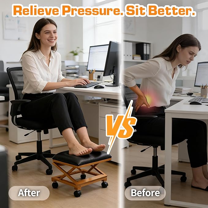 Foot Rest Under Desk, Under Desk Footrest with Adjustable Height & Lockable Wheels, Foot Stool for Home Work Room Comfort