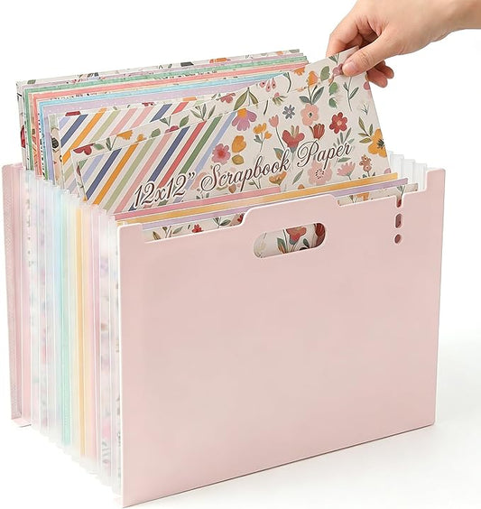 12x12 Scrapbook Paper Storage Organizer with 13 Expandable Pocket, Large Scrapbook Storage for Craft Room Organization, Sticker Storage, Desktop Paper Holder (Pink)