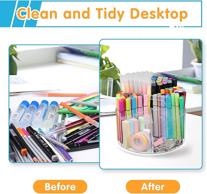 Mefirt Acrylic Pen Holder, 360 Degree Rotating Pen Organizer, Rotating Desk Acrylic Office Organizer with 6 Compartments, Marker Organizer for Kid, Crayon Caddy School Art Supply Storage Organizer