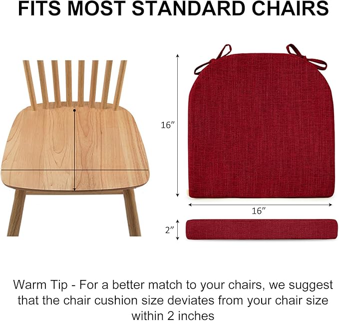 Wellsin Chair Cushions for Dining Chairs 6 Pack - Kitchen Chair Cushions with Ties and Non-Slip Backing - Dining Chair Pads 16"X16"X2", Red