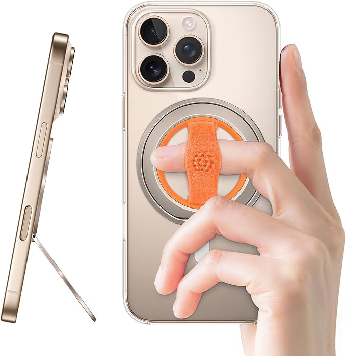 EWA MagOne 3rd Gen [Compatible with MagSafe] Phone Grip Stand with Finger Strap, Removable Magnetic Ring Holder Kickstand Loop for iPhone 17,16,15,14,13,12 Series-(Gold-Orange)