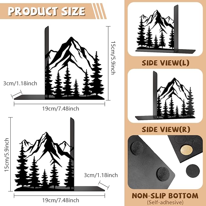 Metal Bookends Mountain Bookends Decorative Modern Book Ends for Shelves Bookshelf Home Office Desk Decorative Shelf Stoppers for Books Space-Saving Desk Organizer
