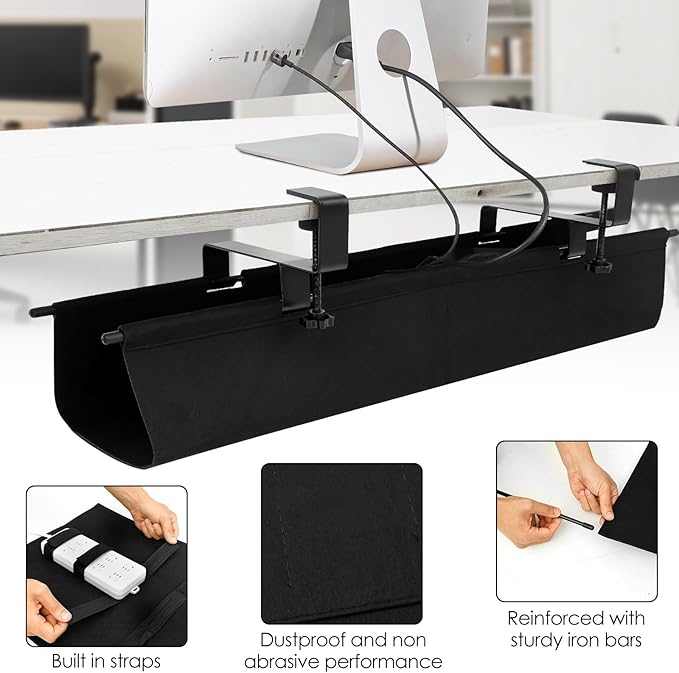 No Drill Under Desk Cable Management Tray, Under Table Wire Organizer with 2 Hook Versatile Clamp Mount Cable Basket to Hide Cords, Cord Holder Tray, Cord Tidy Basket for Home Office Study Use