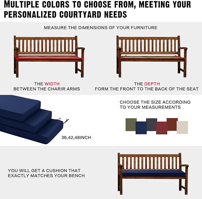 Outdoor Bench Cushion Waterproof with Memory Foam,Patio Bench Cushions for Outdoor/Indoor Furniture Porch Swing Cushion with Handle and Adjustable Strap,Navy Bule,36x18 Inch
