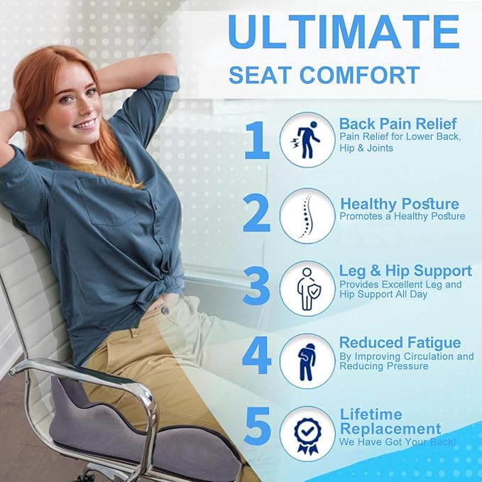 Seat Cushion for Hip Coccyx Pressure Relief, 6in Thick Extra Large Ergonomic Memory Foam Cushions for Sciatica Pain Relief, Sitting Seat Pad on Chair, Drive Seat, Wheelchair, Airplane,All Day Comfort