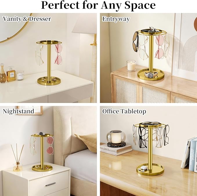 LSK 360° Rotating Sunglasses Organizer, Stainless Steel Glasses Holder Stand with Organizer Tray, Eyeglasses Holder with Storage Base for Dresser, Desk Table, Nightstand & Home Decor, Gold