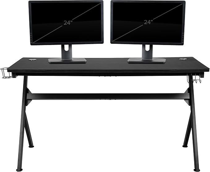 EMMA + OLIVER Black/Red Gaming Desk Bundle - Cup/Headset Holder/Mouse Pad Top