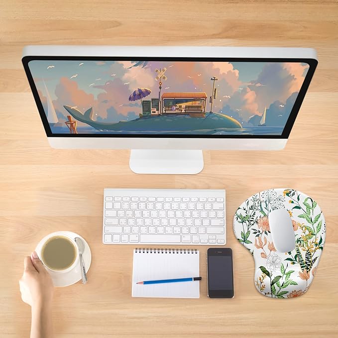 Hsurbtra Ergonomic Mouse Pad with Wrist Rest Support, Gel Mouse Pads with Non-Slip PU Base, Pain Relief Memory Foam Computer Mat, Cute Office Supplies Desk Decro Accessories, Orange Flowers