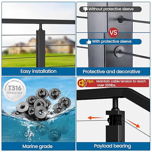 Muzata 20 Pack 1/8" Level Wheel Black Cable Railing Grommets ONLY for Level 1/8" Wire Rope T316 Stainless Steel Protector Sleeves Deck Cable Railing Hardware Kit Metal Posts CR72