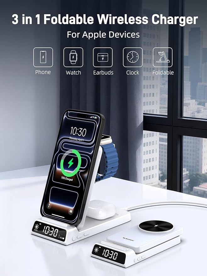 3 in 1 Charging Station for Apple, ELECDOV Magnetic Charger for iPhone, Foldable Wireless Charger with Clock, Travel Watch Charger Stand for iPhone 17/Air/16/15 Series, iWatch 10/AirPods 4 (White)