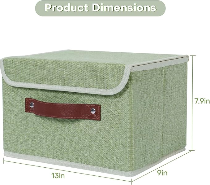 ANMINY Storage Bin with Lid Storage Boxes with PU Leather Handles PP Plastic Board Decorative Foldable Lidded Cotton Linen Fabric Home Cubes Baskets Closet Organizer Container - Green, Medium