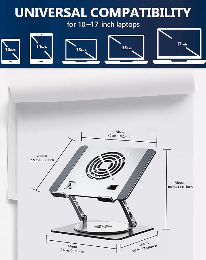 Laptop Stand with Cooling Fan，360°Rotatable Framework，Ergonomic Adjustable Riser for 10-17'' Gaming/Binge-Watching/Office Use - Silver