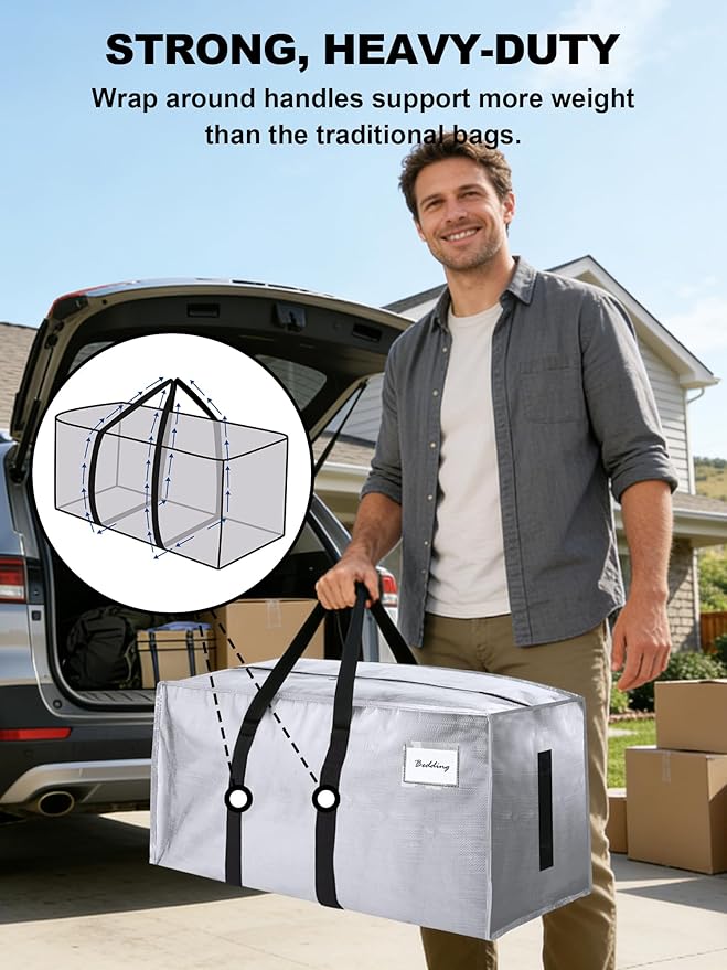 80 Pack Large Strong Moving Bags with Zippers & Carrying Handles - Water-Resistant - Heavy Duty Storage Tote for Space Saving, Fold Flat, Alternative to Moving Box (Silver)