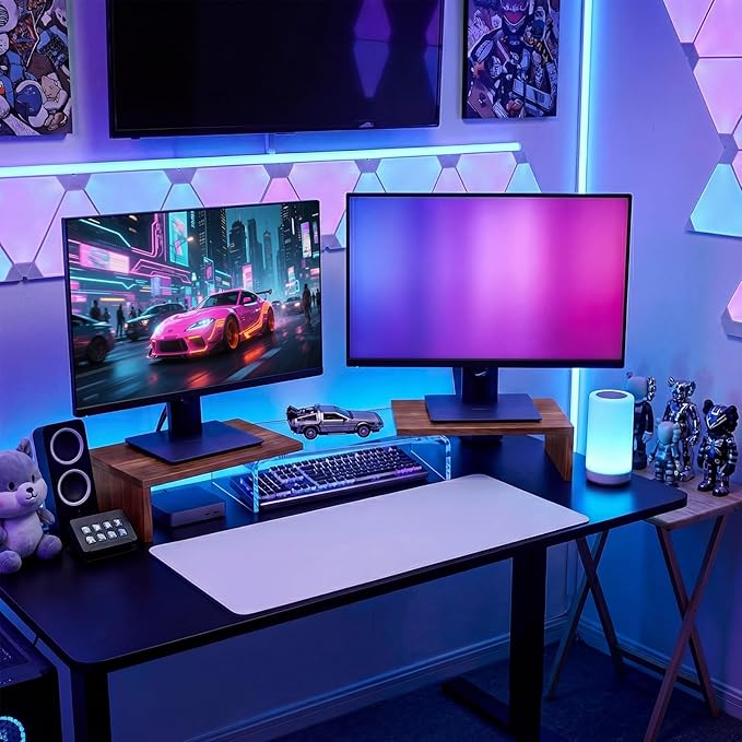 Dual Monitor Riser, Acrylic Monitor Riser, Adjustable Angle & Length Computer Monitor Stand, Wide Desk Shelf for Top of Desk for Home Office_Walnut Look Small