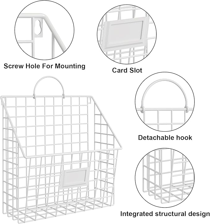Yuzehuaza Wall File Organizer Metal Hanging File Organizer,Wall Mount File Holder, Magazine Rack and Mail Holder with Hooks for Home Office, 4 Packs, White(Patent Pending)