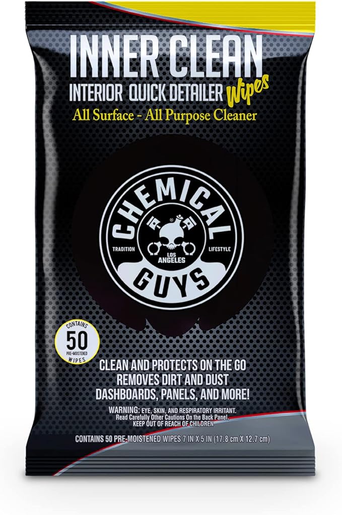 Chemical Guys InnerClean Interior Quick Detailer & Protectant Wipes – 50 Pack Multi Surface Interior Cleaner Wipes for Dashboards, Doors and Seats – Safe for Cars, Trucks, SUVs, RVs and Home Use
