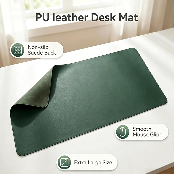 Desk Pad, 14.18'' x 16.15'' PU Leather Non-Slip Desk Mat Mouse Pad for Desktop, Waterproof Laptop Computer Writing Mat for Office, Home, Work, Dark Green