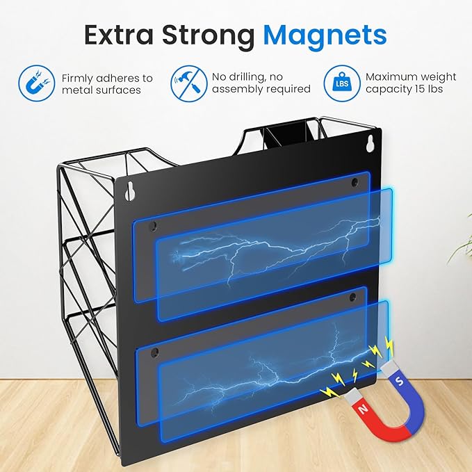Patvingot Magnetic File Holder for Refrigerator & Cabinets | No-Drill Wall Mount Organizer | 3-Tier Vertical Mail & Magazine Holder for Office/Home (Black, Space-Saving Design)