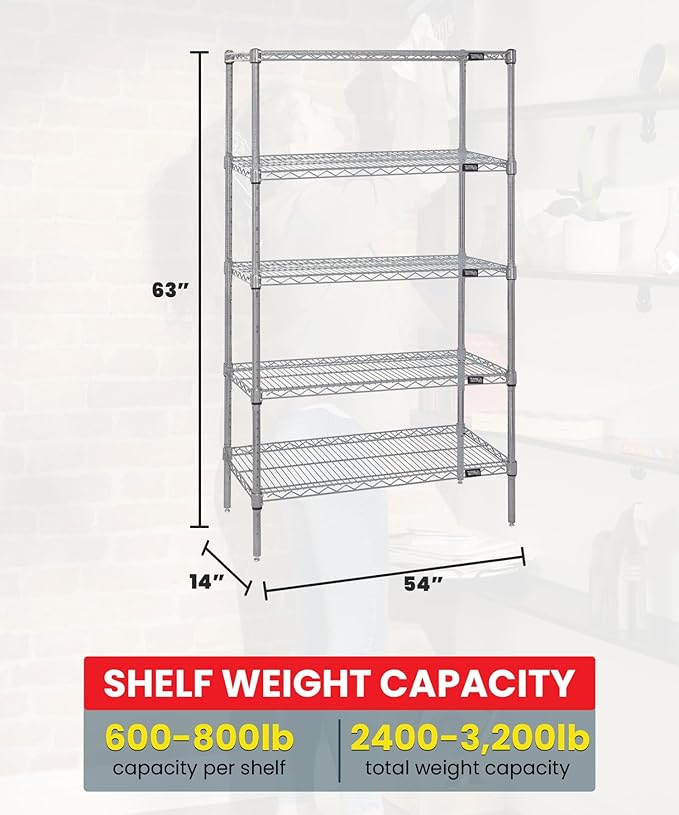 QUANTUM STORAGE SYSTEMS WR63-1454S-5 Starter Kit Wire Shelves Stainless Steel 5 Shelves 63" H x 54" W x 14" D
