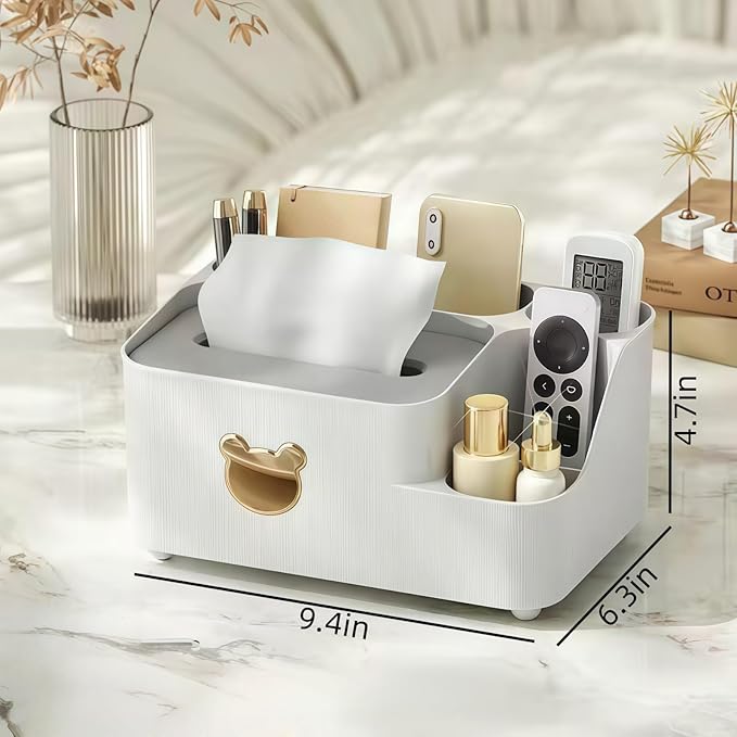 Multifunctional Tissue Box Cover with Storage,Square Tissue Box Holder and Remote Box,Modern Cube Tissue Cover Bedside Organizer for Nightstand End Table.(White)