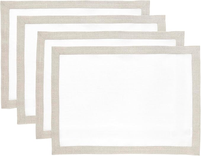Solino Home Linen Placemats Set of 4 - Natural and White Placemats 14 x 19 Inch - 100% Pure Linen Table Place Mats for Spring, Summer - Classic, Handcrafted and Machine Washable